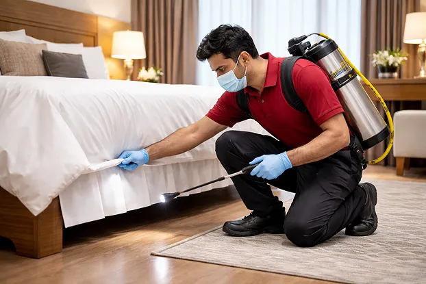 Hotel pest control AMC in Noida – scheduled inspection, monitoring stations and audit documentation by Orient Pest Control