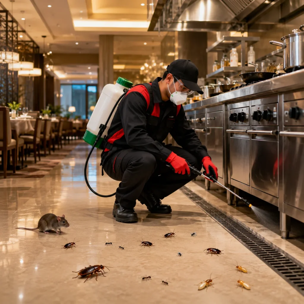 Hotel pest control service in Noida – satisfied hotel client with Orient Pest Control technician after treatment