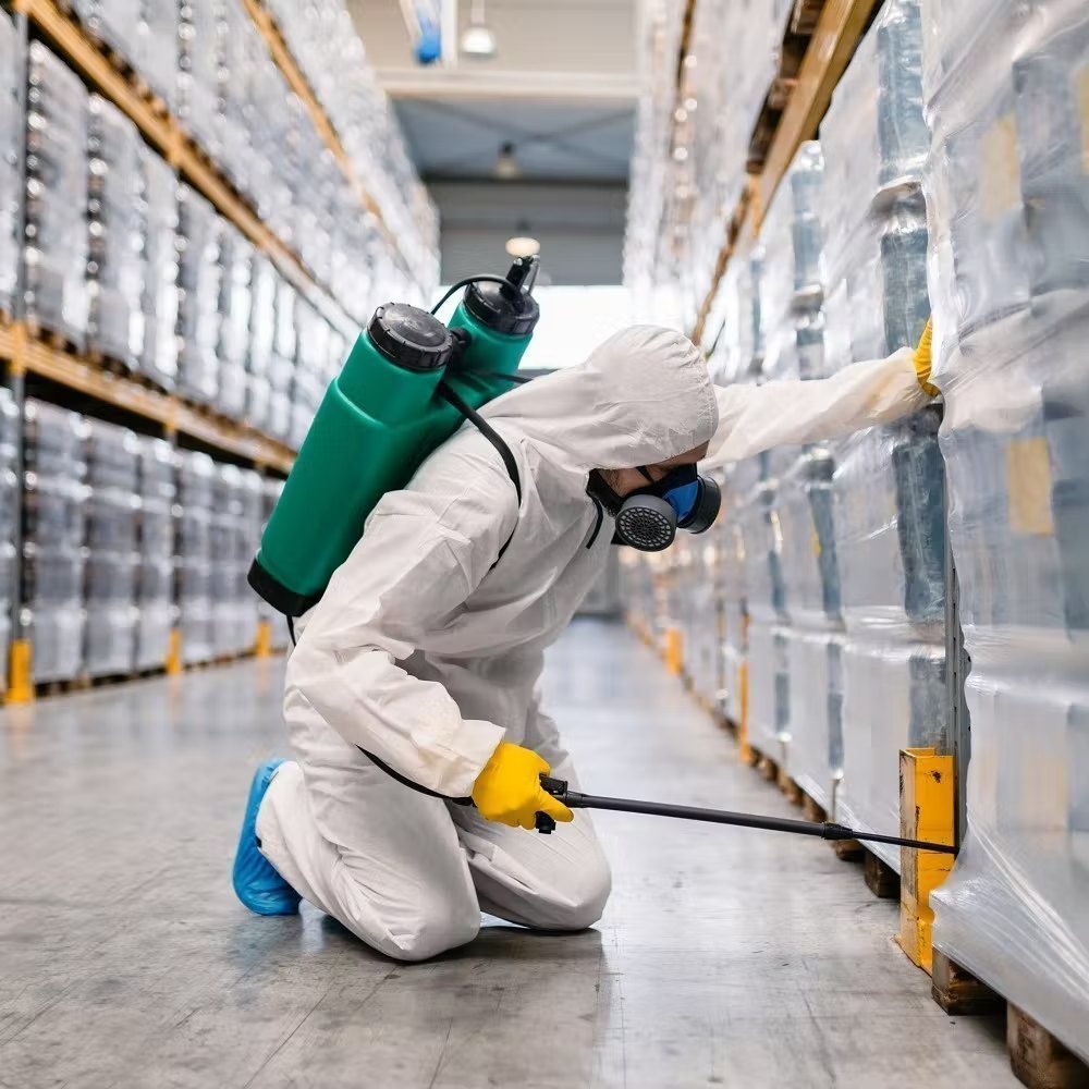 Industrial pest control service in Manesar – certified technicians inspecting a factory warehouse and raw material godown in IMT Manesar